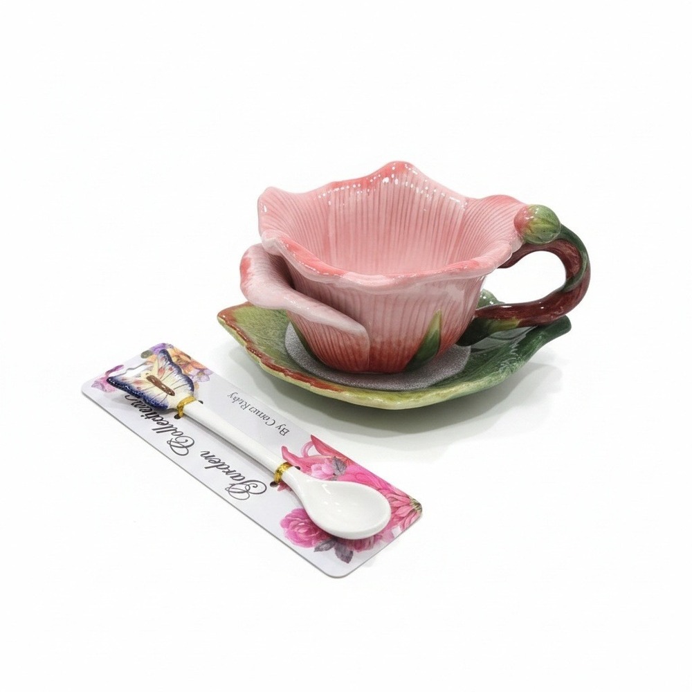 CornerRuby Garden Collection Pink Rose Tea‎ Cup Leaf Saucer Butterfly Spoon Set